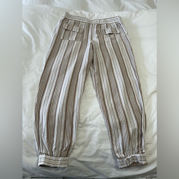 Per Se | Women's SZ M | Khaki White Thin Stripe Pull On Drawstring Linen Jogger - Picture 5 of 8